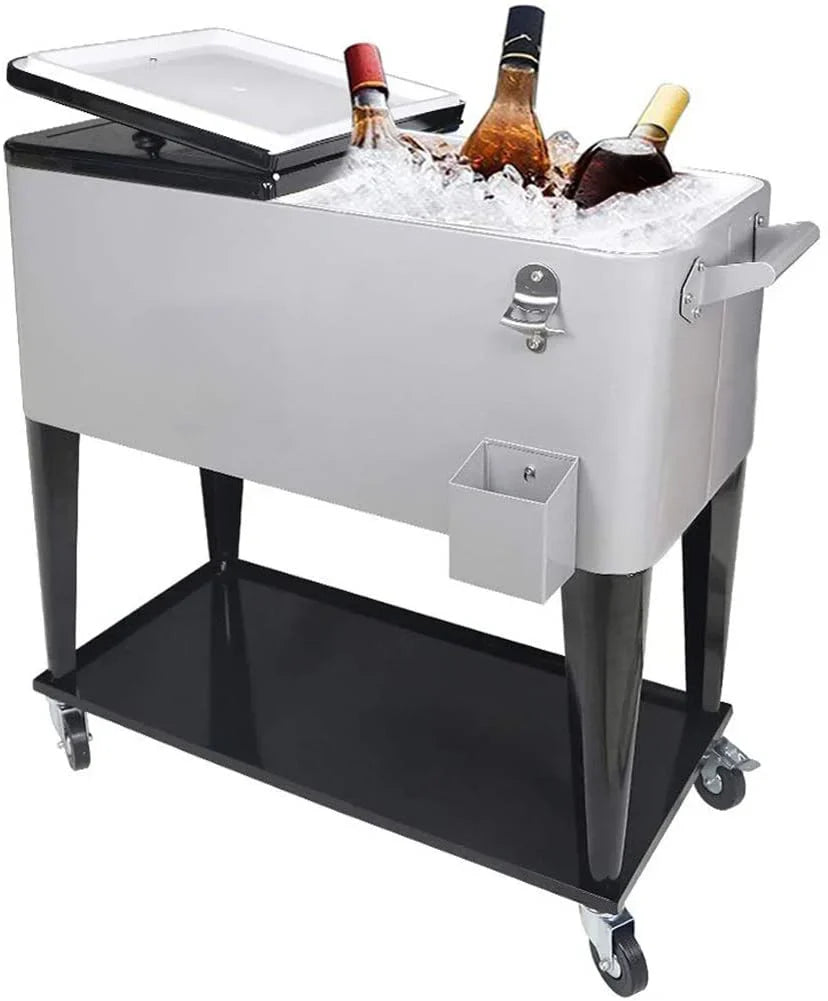 Rolling Cooler - 80 Quart, Cart for Outdoor Patio Deck Party - Portable Party Bar Cold Drink Beverage Cart