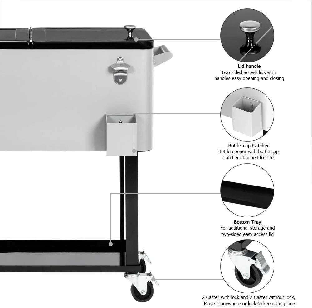 Rolling Cooler - 80 Quart, Cart for Outdoor Patio Deck Party - Portable Party Bar Cold Drink Beverage Cart