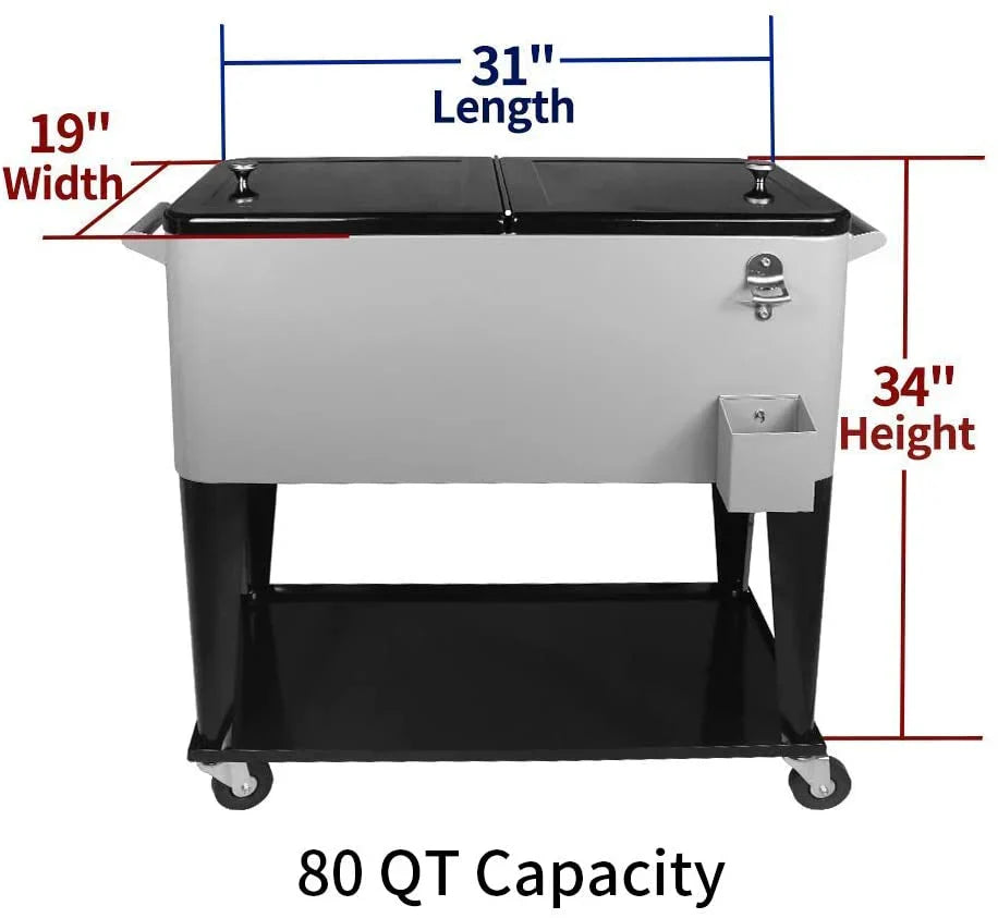 Rolling Cooler - 80 Quart, Cart for Outdoor Patio Deck Party - Portable Party Bar Cold Drink Beverage Cart