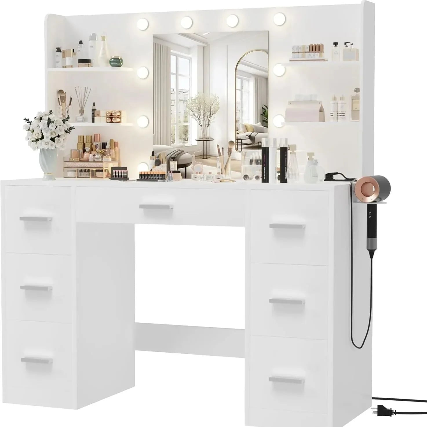 1787589418_rK2RKHL6 Makeup Vanity biurko z Mirror, LED lampy, moc Outlet i 7 szuflady