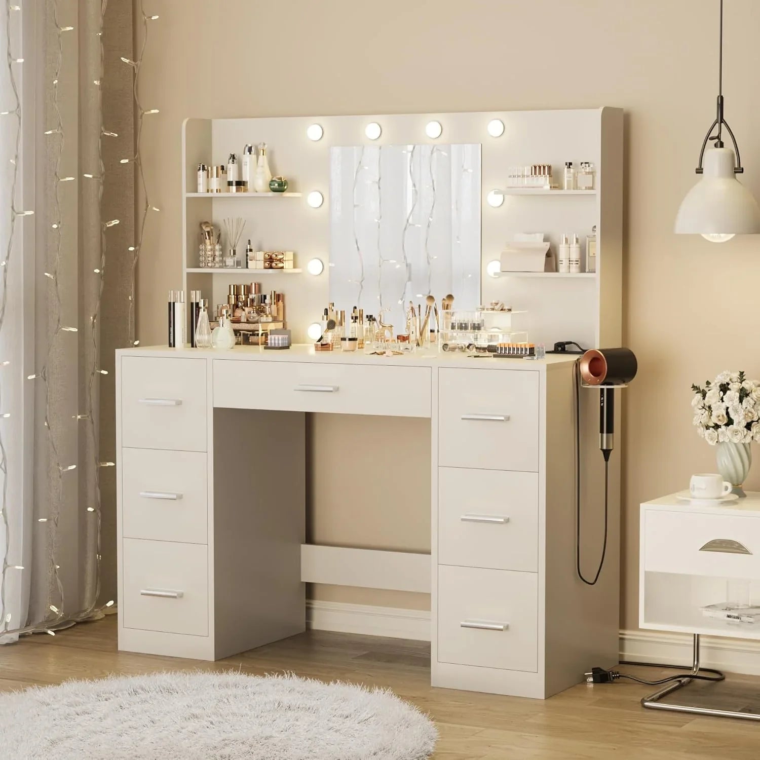 1787589421_MT8irrWt Makeup Vanity biurko z Mirror, LED lampy, moc Outlet i 7 szuflady