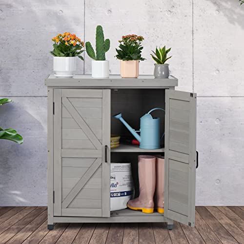 Storage Cabinet - Potting Bench with, and Metal Table Top for Outdoor Patio - Garden Furniture Wood Workstation