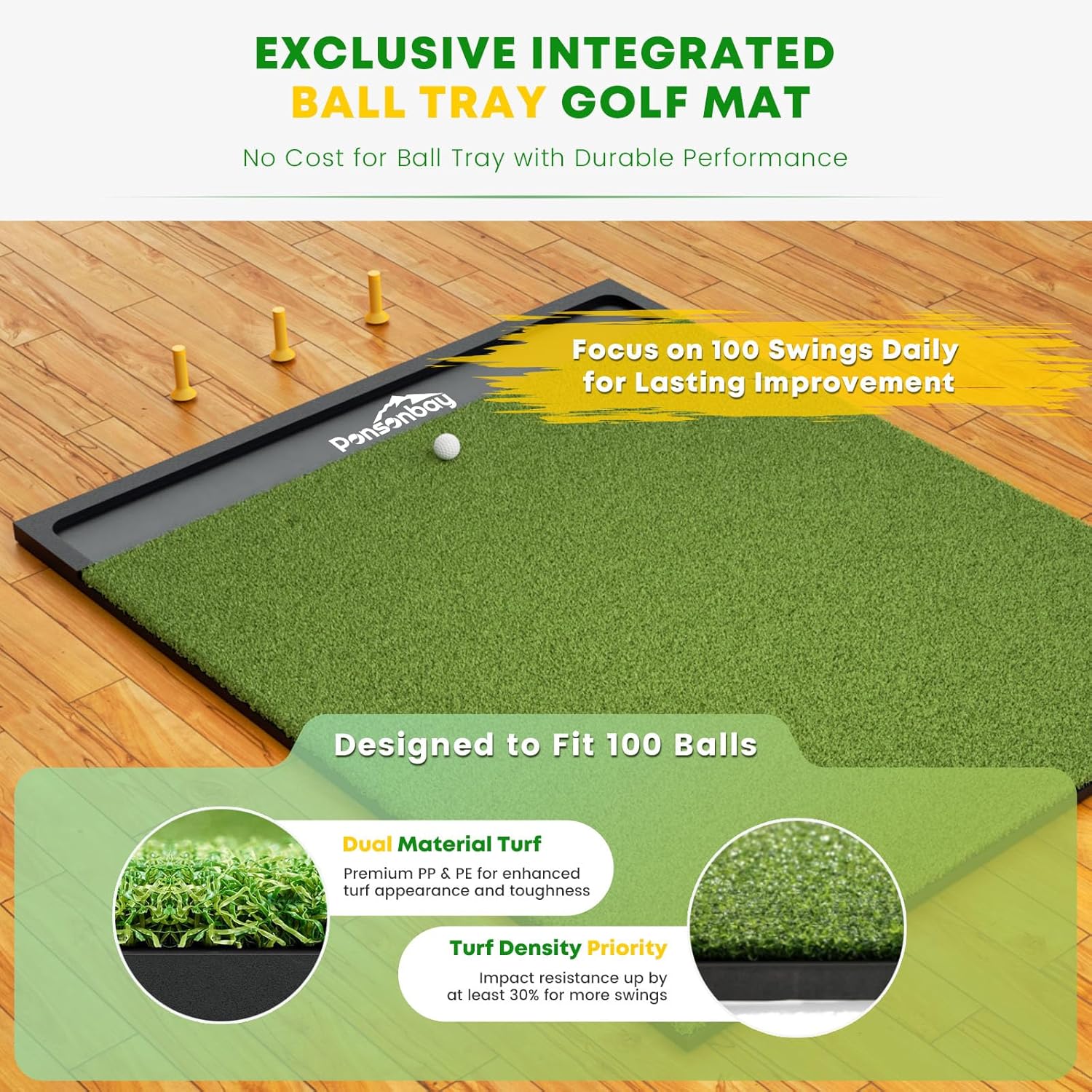 Ponsonbay Integrated 5 X 4ft golf mata z Ball Tray z 3 Tee
