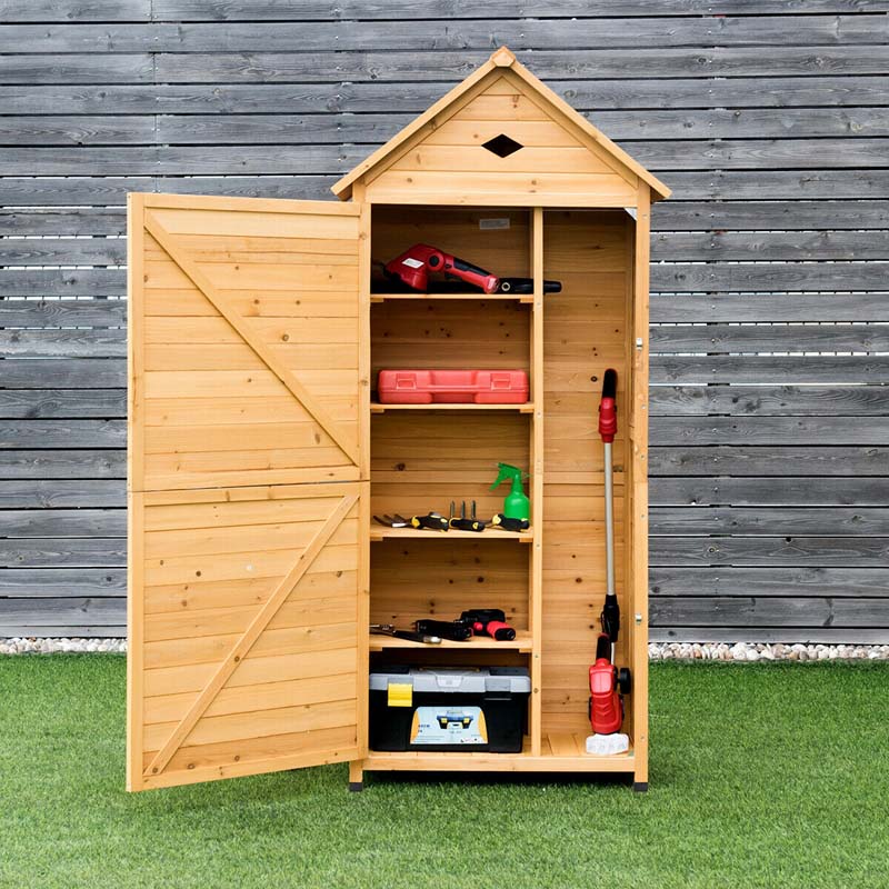 Storage Cabinet - 63 Wood Outdoor Storage Shed Lockable Garden Tools, Featuring 5 Shelves - Galvanized Sheet Roof