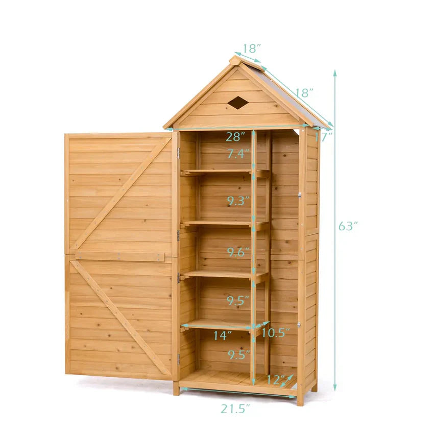Storage Cabinet - 63 Wood Outdoor Storage Shed Lockable Garden Tools, Featuring 5 Shelves - Galvanized Sheet Roof