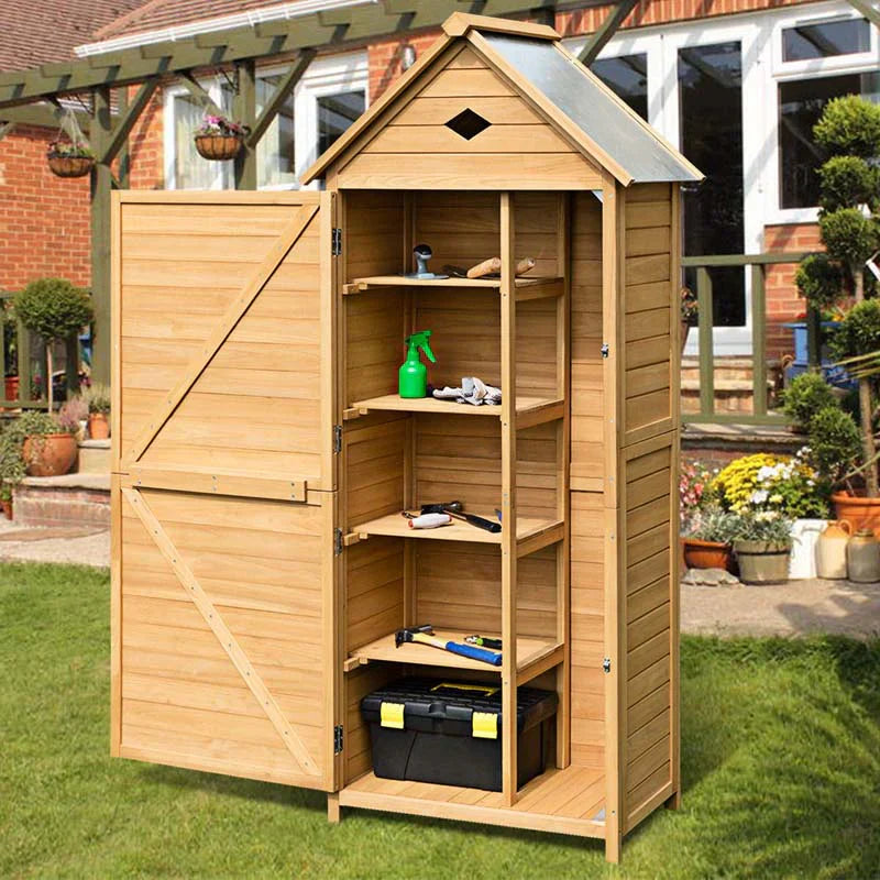 Storage Cabinet - 63 Wood Outdoor Storage Shed Lockable Garden Tools, Featuring 5 Shelves - Galvanized Sheet Roof
