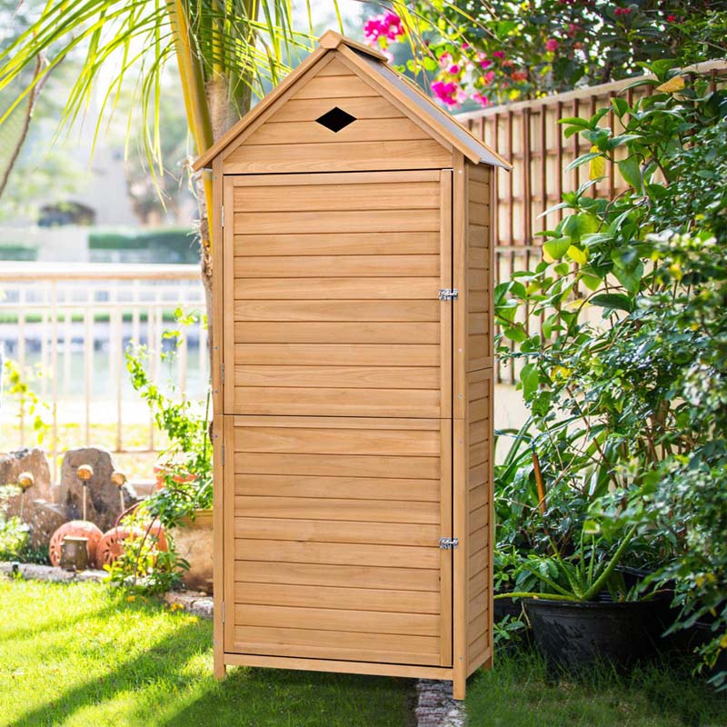 Storage Cabinet - 63 Wood Outdoor Storage Shed Lockable Garden Tools, Featuring 5 Shelves - Galvanized Sheet Roof