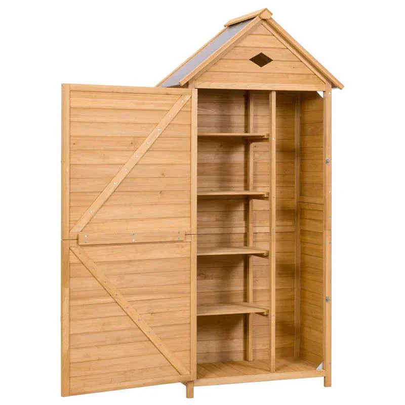 Storage Cabinet - 63 Wood Outdoor Storage Shed Lockable Garden Tools, Featuring 5 Shelves - Galvanized Sheet Roof