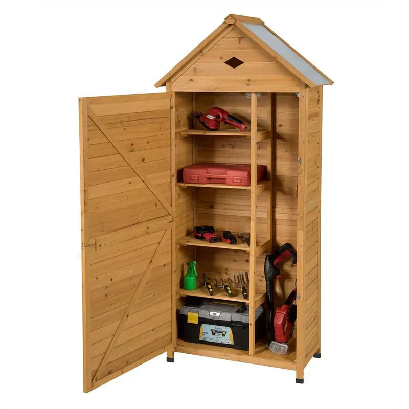 Storage Cabinet - 63 Wood Outdoor Storage Shed Lockable Garden Tools, Featuring 5 Shelves - Galvanized Sheet Roof