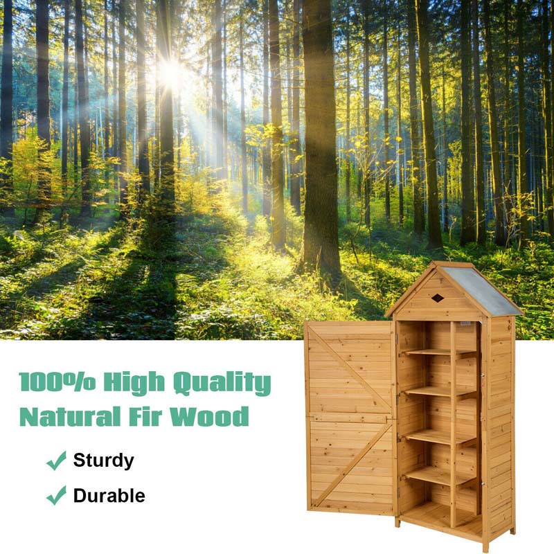 Storage Cabinet - 63 Wood Outdoor Storage Shed Lockable Garden Tools, Featuring 5 Shelves - Galvanized Sheet Roof