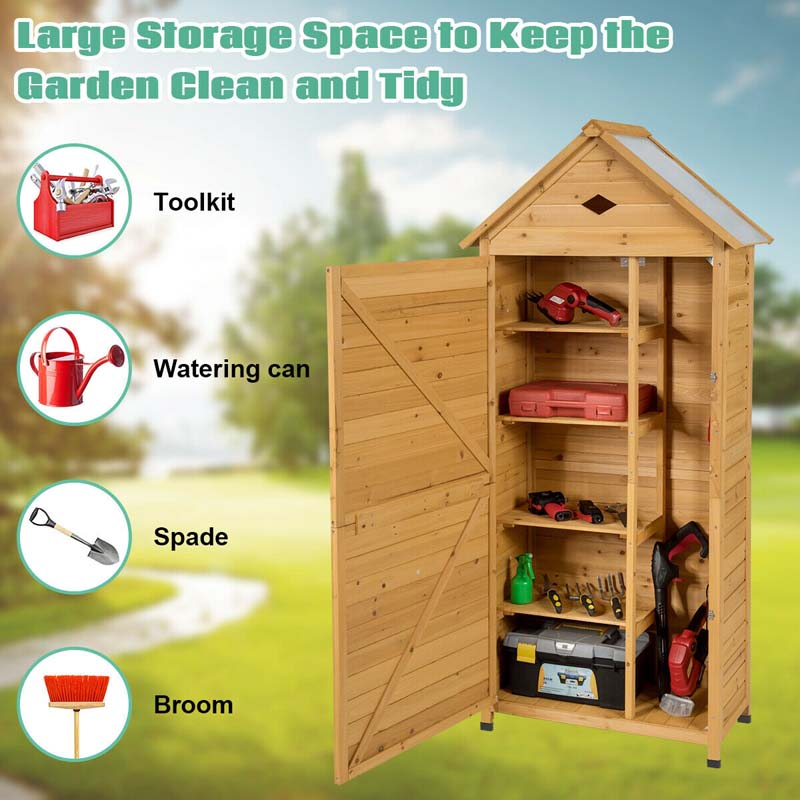 Storage Cabinet - 63 Wood Outdoor Storage Shed Lockable Garden Tools, Featuring 5 Shelves - Galvanized Sheet Roof