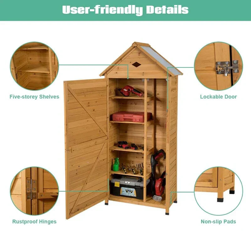 Storage Cabinet - 63 Wood Outdoor Storage Shed Lockable Garden Tools, Featuring 5 Shelves - Galvanized Sheet Roof