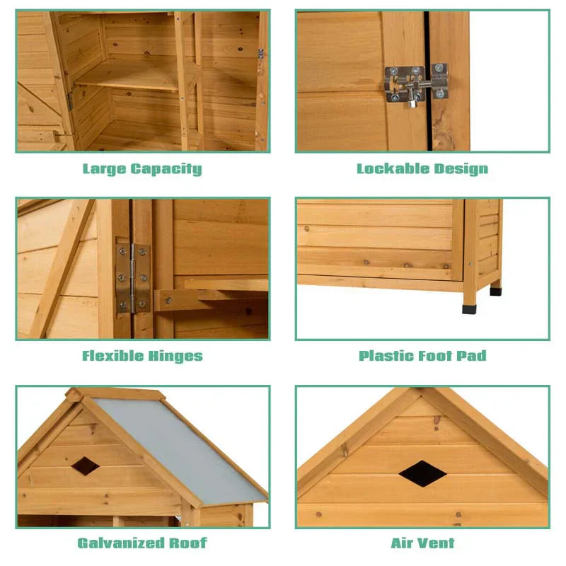 Storage Cabinet - 63 Wood Outdoor Storage Shed Lockable Garden Tools, Featuring 5 Shelves - Galvanized Sheet Roof
