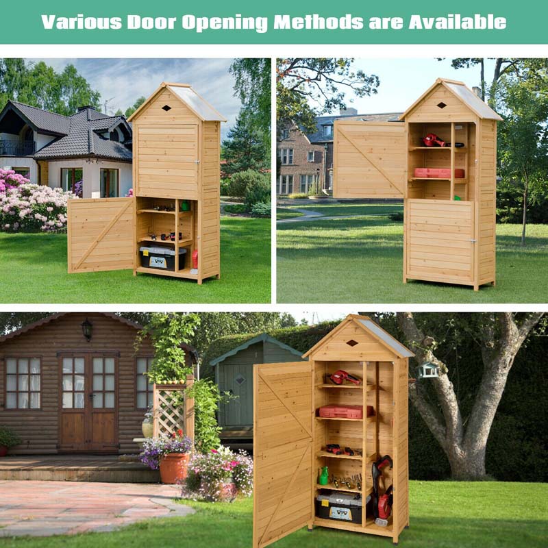 Storage Cabinet - 63 Wood Outdoor Storage Shed Lockable Garden Tools, Featuring 5 Shelves - Galvanized Sheet Roof