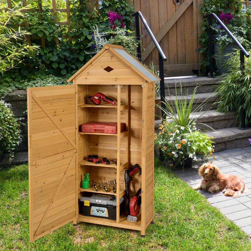 Storage Cabinet - 63 Wood Outdoor Storage Shed Lockable Garden Tools, Featuring 5 Shelves - Galvanized Sheet Roof