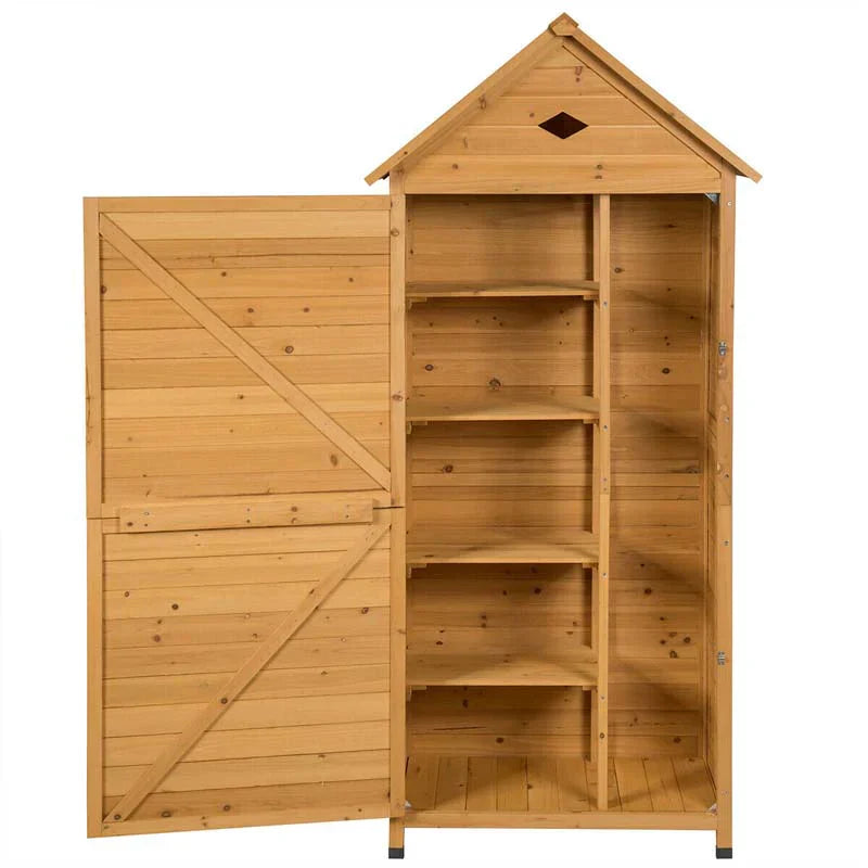 Storage Cabinet - 63 Wood Outdoor Storage Shed Lockable Garden Tools, Featuring 5 Shelves - Galvanized Sheet Roof