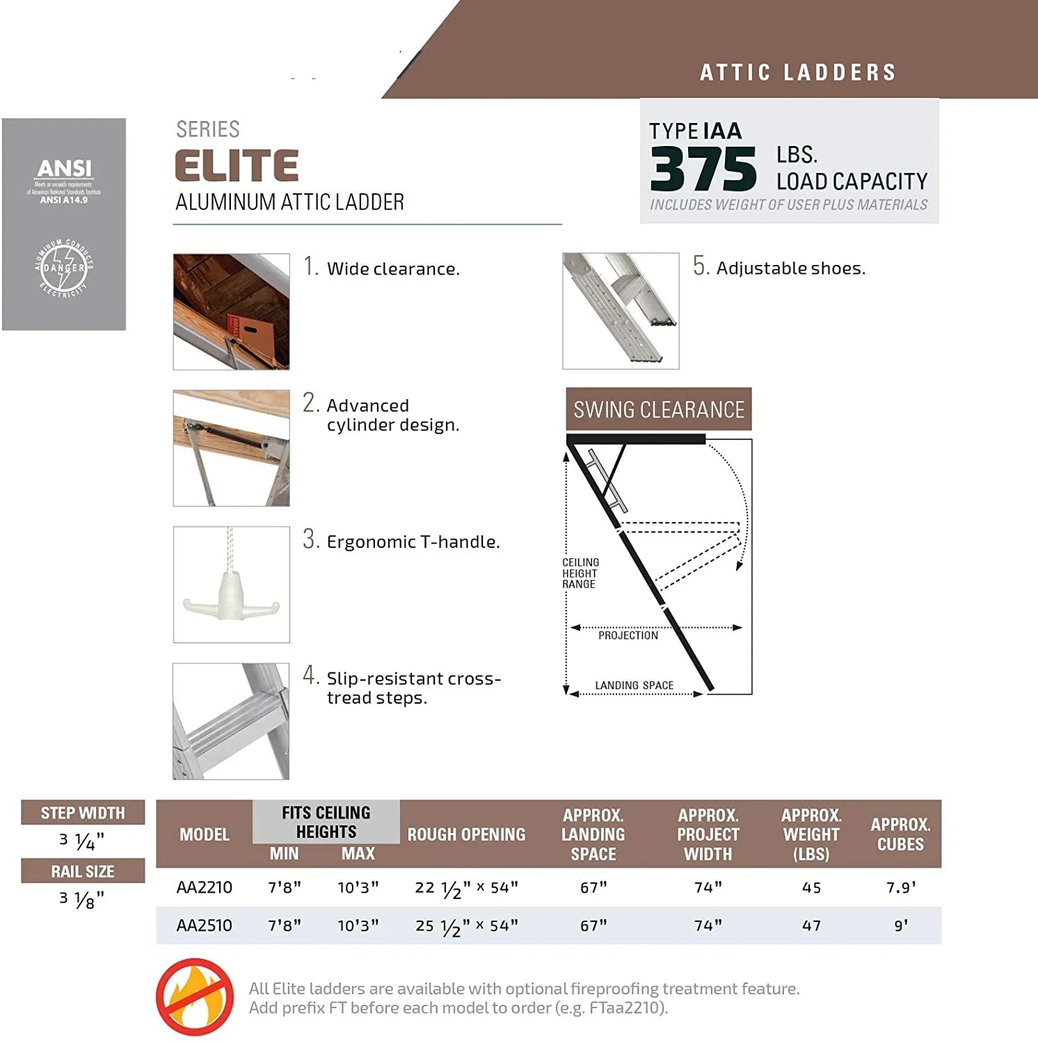 25-1/2 by 54-Inch Elite, Featuring 7'8′′-10-Foot Ceiling Height, 375-Pound Capacity, Type IAA, AA2510, Aluminum Ladder, Attic, X Rough Opening, Silver