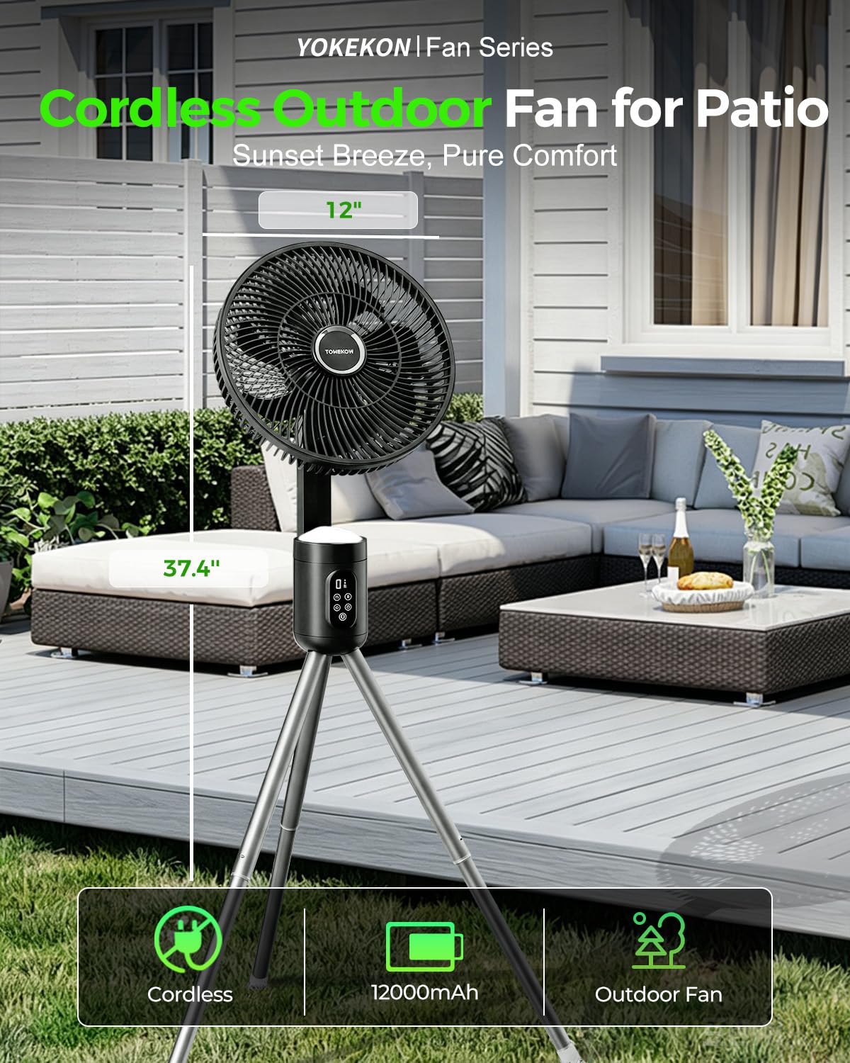Bezprzewodowy zewnętrzny wentylator z światło zdalny, 12 Oscillating