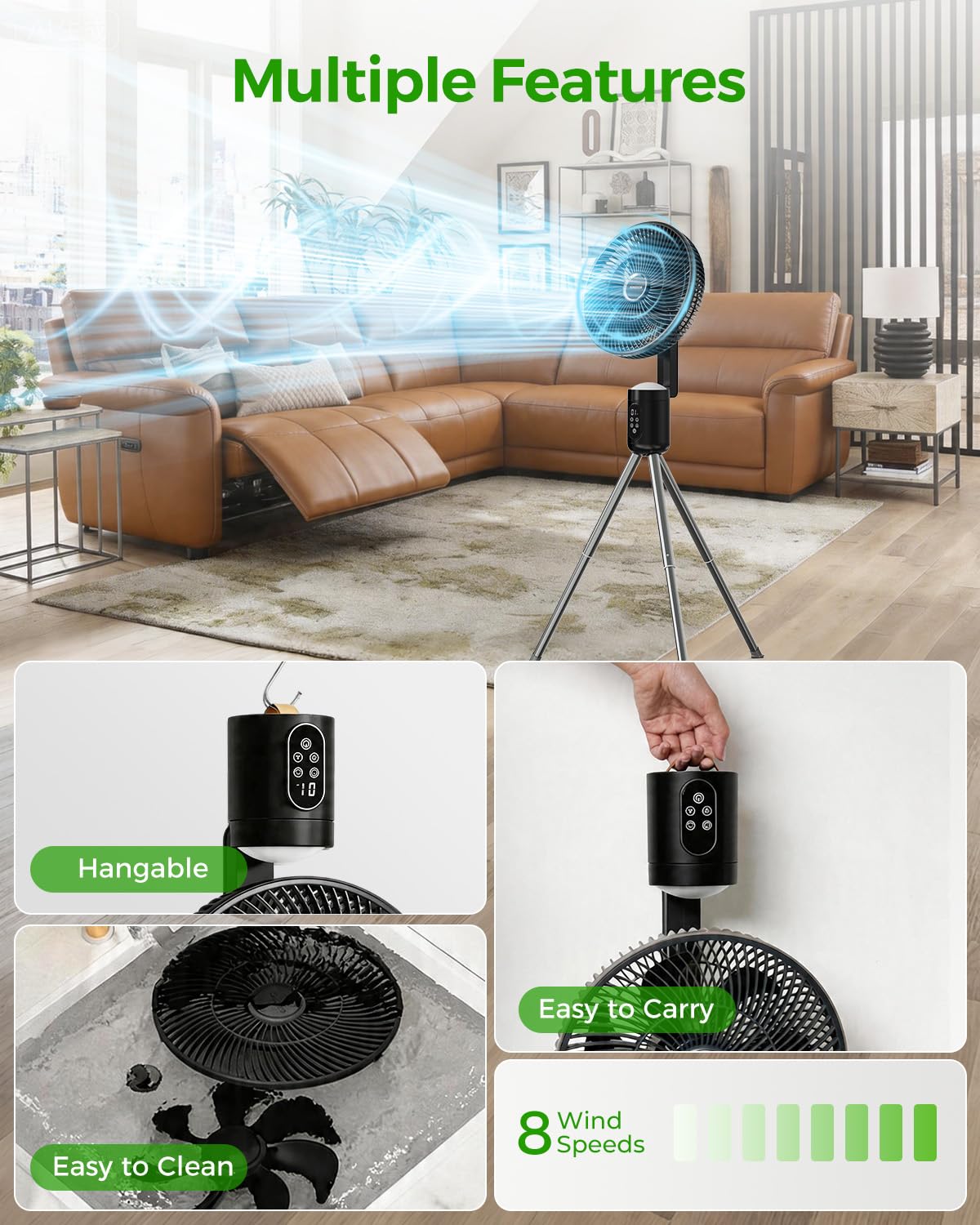 Bezprzewodowy zewnętrzny wentylator z światło zdalny, 12 Oscillating