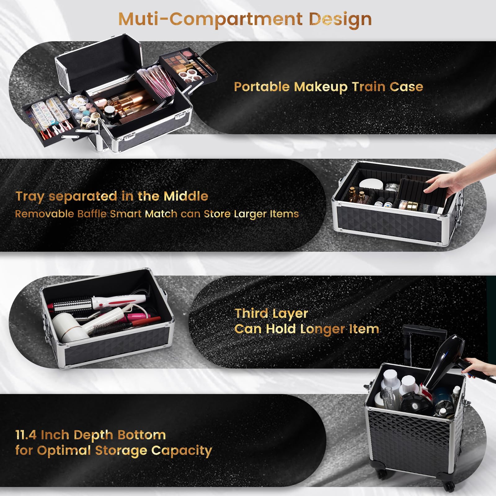 Na kółkach Makeup etui, 4 w 1 duży Organizer on koła