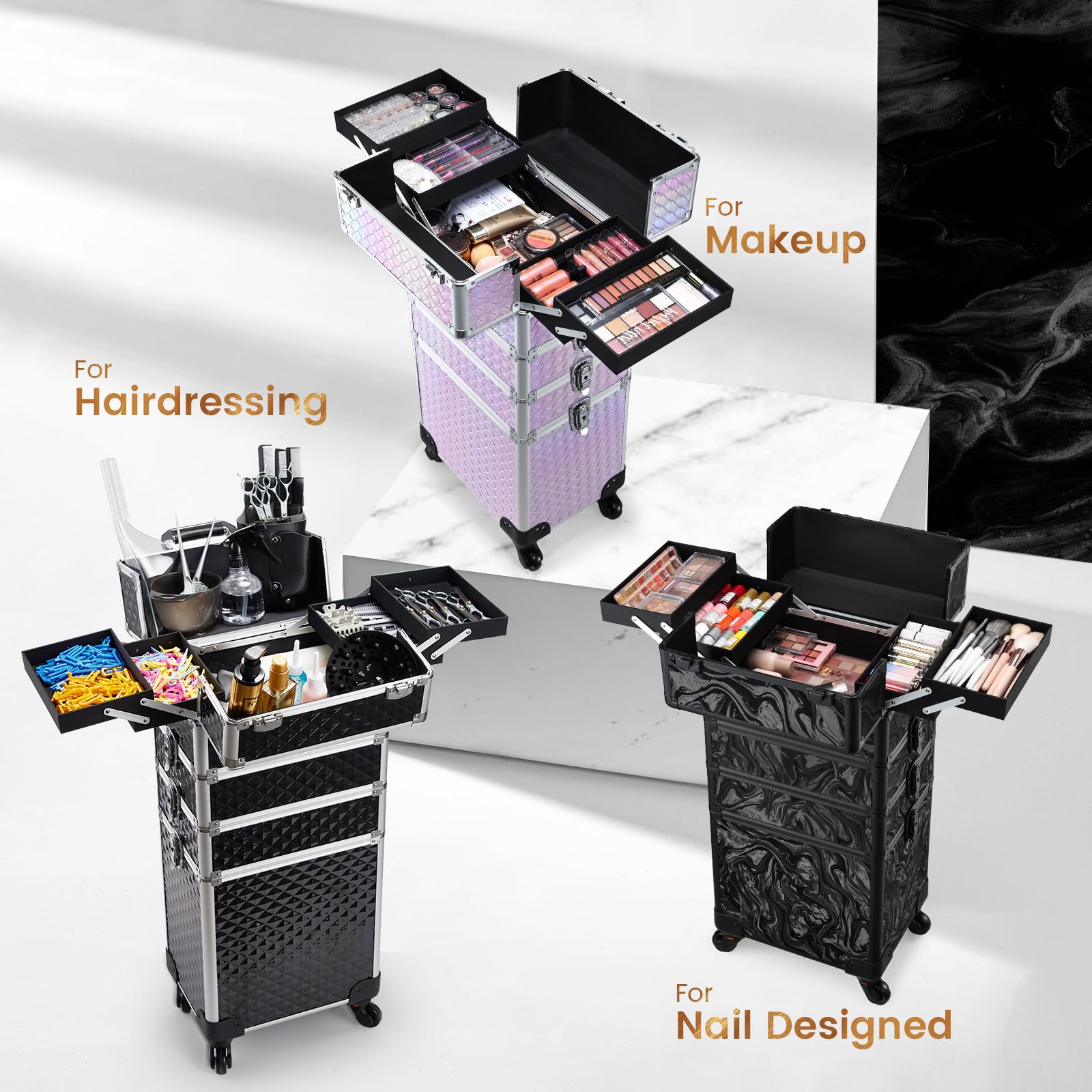 Na kółkach Makeup etui, 4 w 1 duży Organizer on koła
