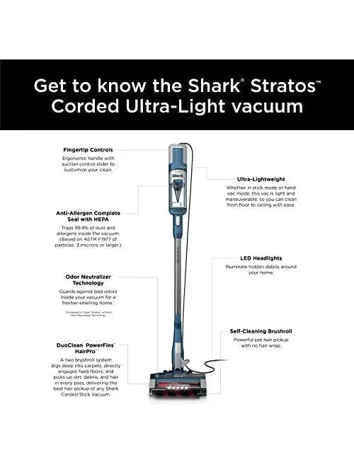 Stick Vacuum - HZ3002 Stratos Ultralight Corded, Featuring DuoClean PowerFins HairPro - Self Cleaning Brushroll, And Odor Neutralizer Technology, Navy