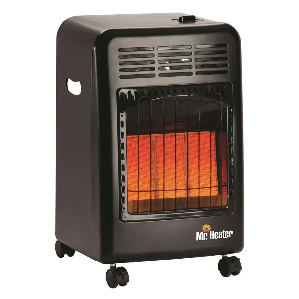 Heater - Portable Propane Radiant - 18, 000 BTU, Outdoor Use, Includes Regulator and Hose, Safety Features, Mobile Cabinet Design