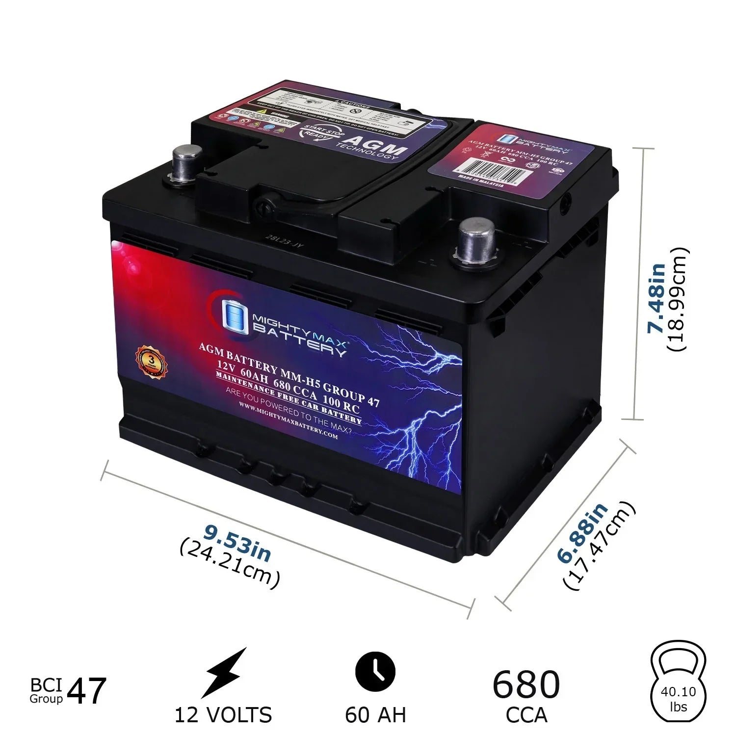 MM-H5 Start and Stop Car BCI Group Size 47 12V 60 AH, Featuring 100RC, 680 CCA Rechargeable AGM Car Battery