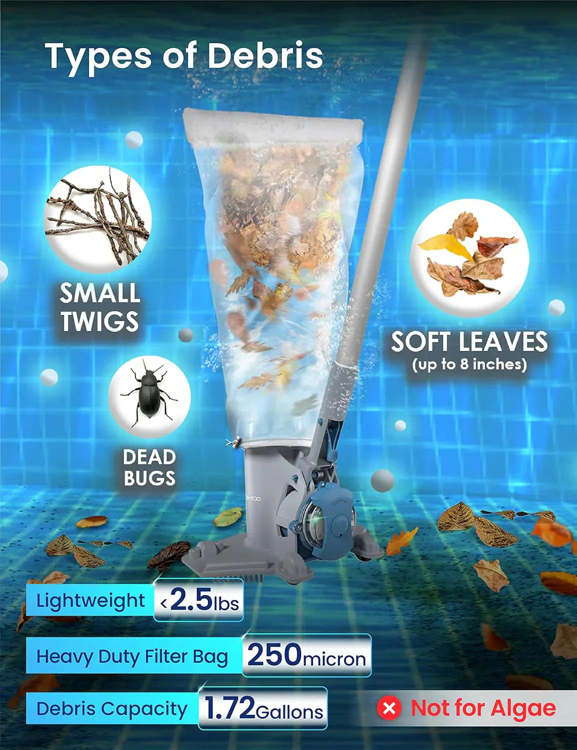 1787637414_gDfCvJXp Vacuum - Rechargeable Cordless Pool Leaf - 30GPM Strong Suction, 75 Min Runtime, XL Heavy Duty Filter Bag, Leaves and Debris Removal, For Above