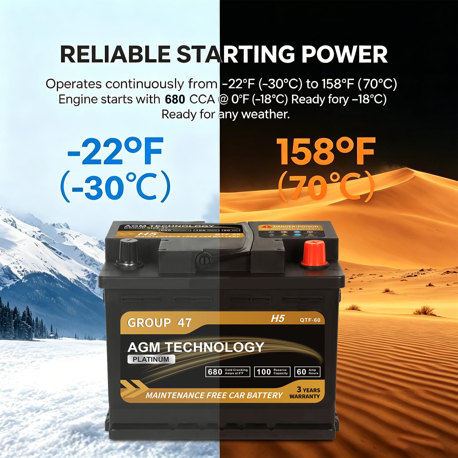 Samochodowy akumulator, Platinum Agm, Group Size 47 H5, 12V 60Ah
