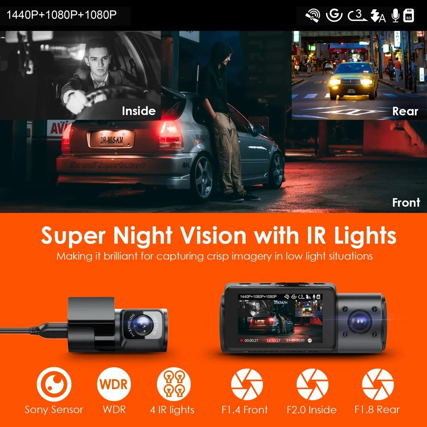 Dash Cam Featuring 4K+1080P Front and Rear, 1440P+1440P Front and Inside, 1440P+1440P+1080P Three Way Triple Car Camera, IR Night Vision, 24 Hours