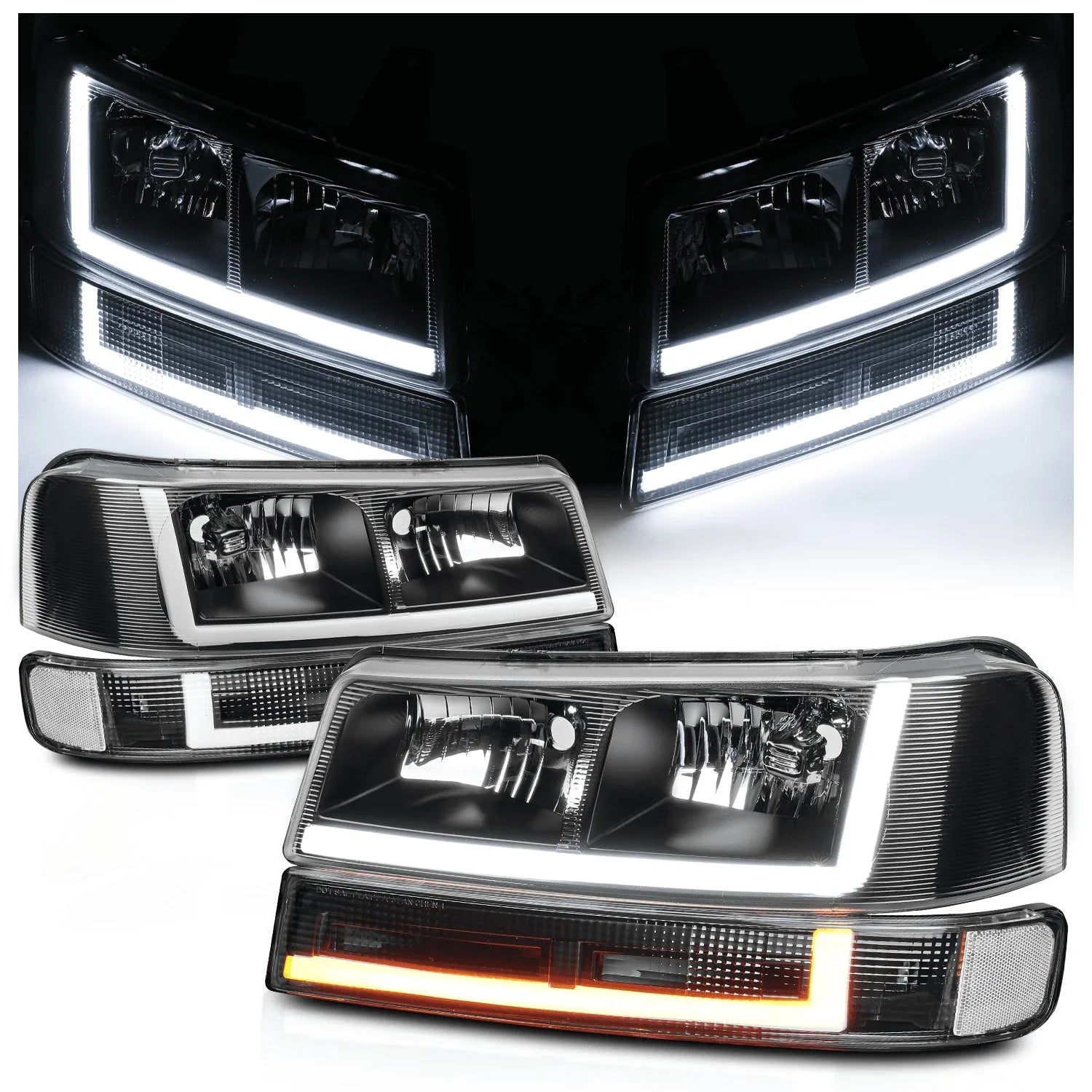 1787656134_l8n9s19O Light - A Set of 4 LED Running, Bars L+R Black Headlights + Bumper Signals for 2003-2014 Express 1500 - 2003-2023 Express 2500