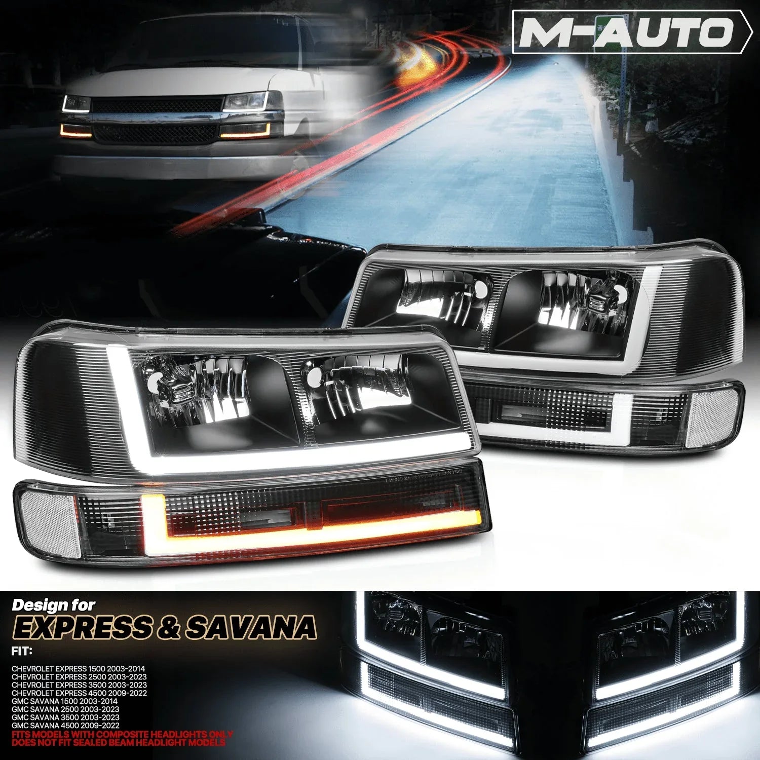 1787656137_1ClWEgBP Light - A Set of 4 LED Running, Bars L+R Black Headlights + Bumper Signals for 2003-2014 Express 1500 - 2003-2023 Express 2500