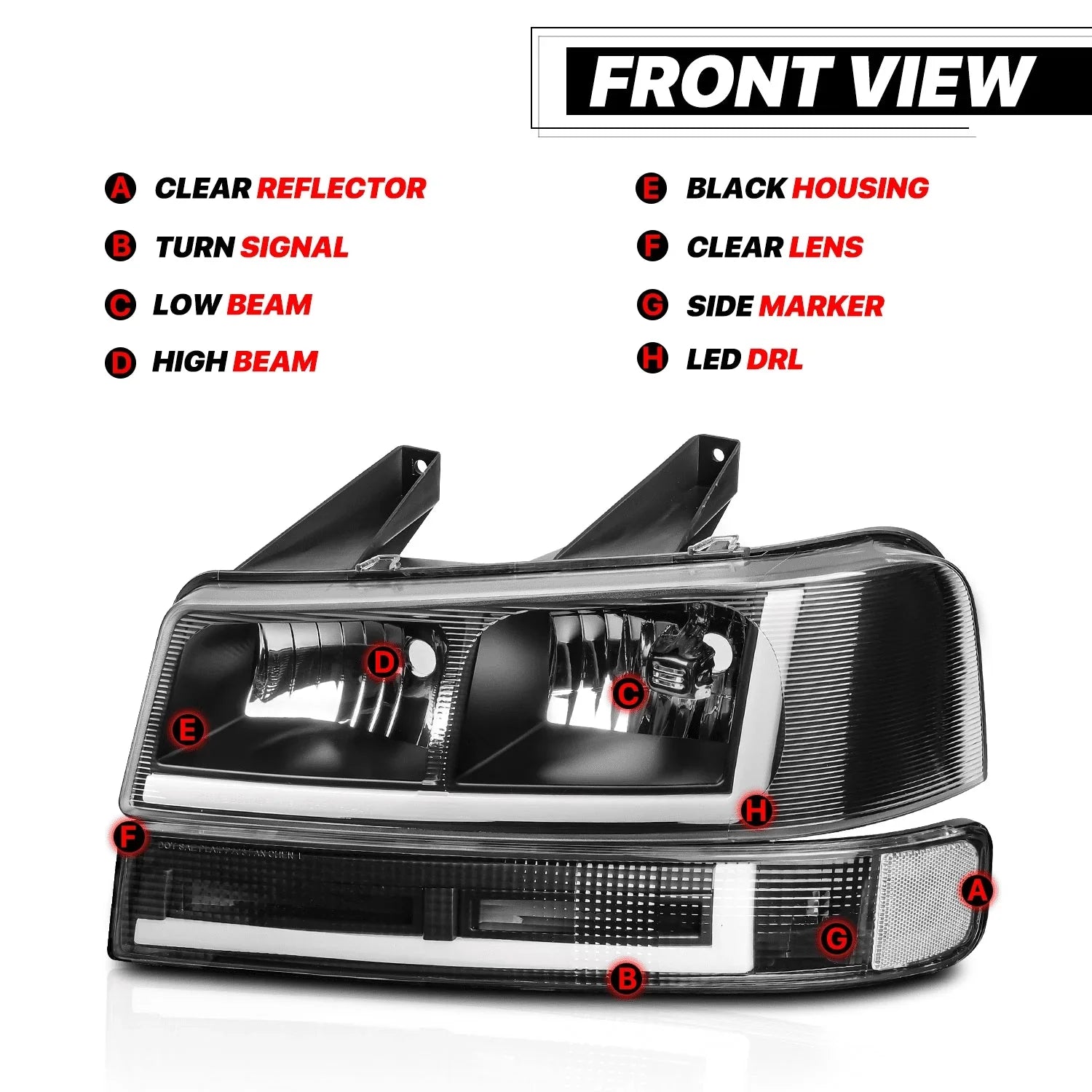 1787656141_gMcX03Fz Light - A Set of 4 LED Running, Bars L+R Black Headlights + Bumper Signals for 2003-2014 Express 1500 - 2003-2023 Express 2500