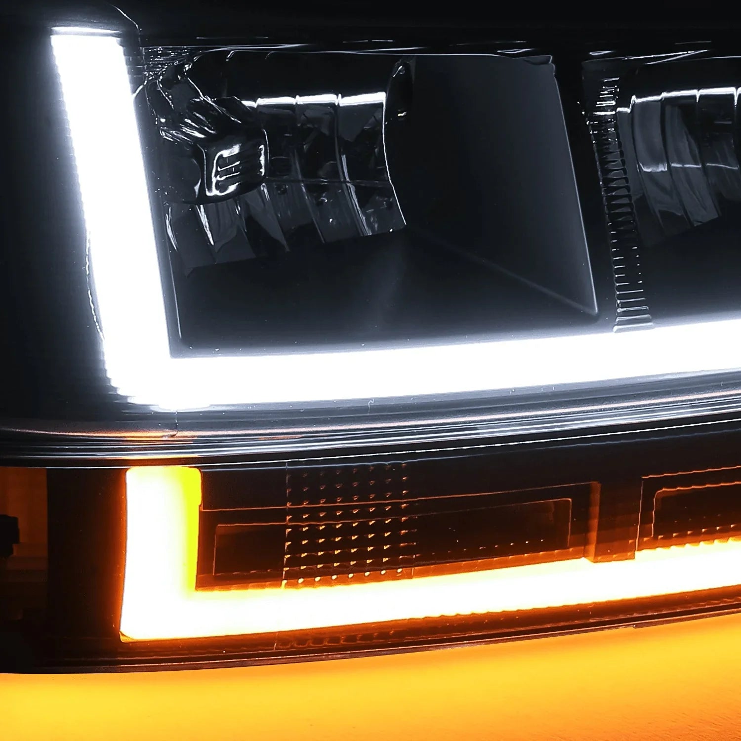 1787656169_cqWSbCM6 Light - A Set of 4 LED Running, Bars L+R Black Headlights + Bumper Signals for 2003-2014 Express 1500 - 2003-2023 Express 2500