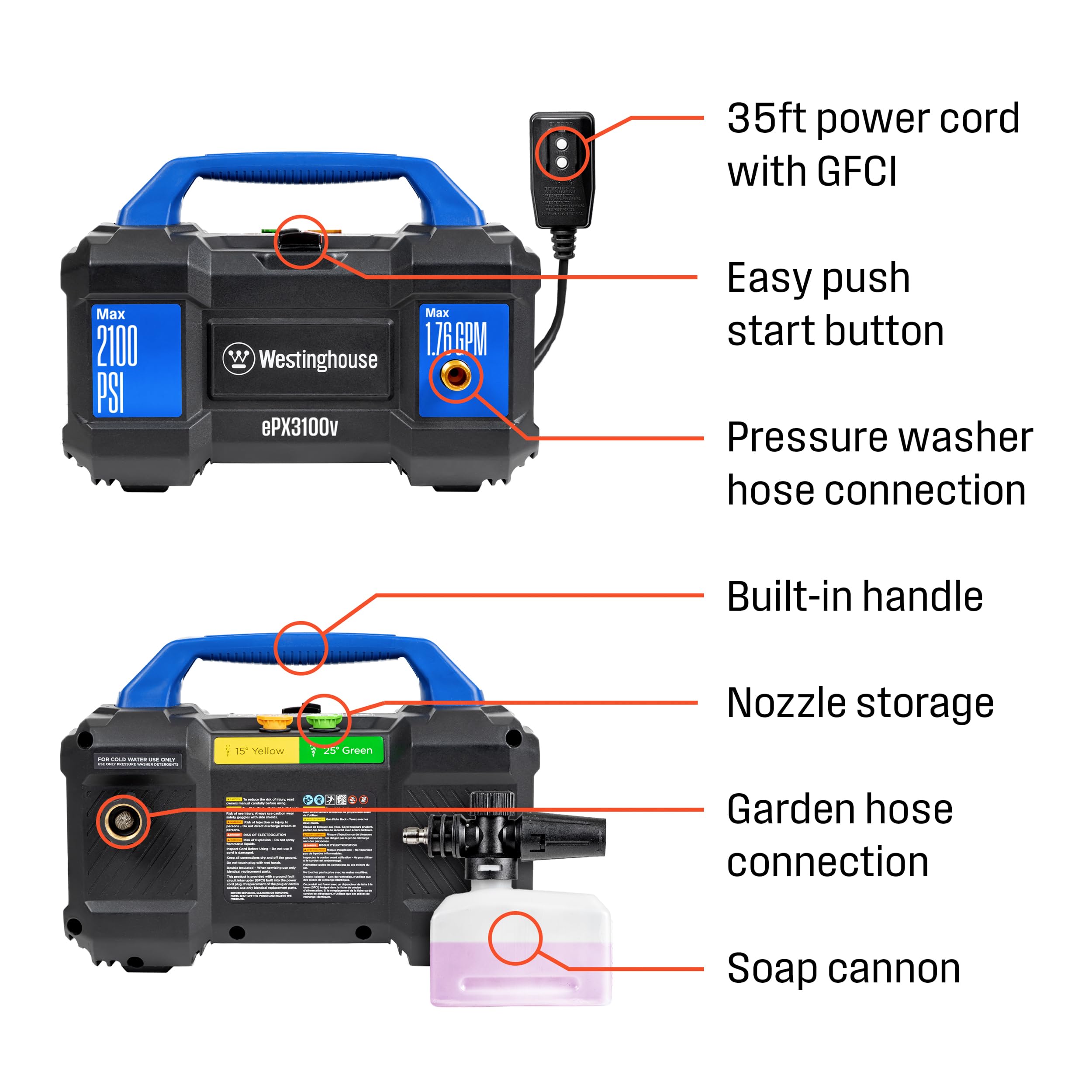 EPX3100v elektryczny myjka ciśnieniowa, 2100 PSI i Foam Cannon