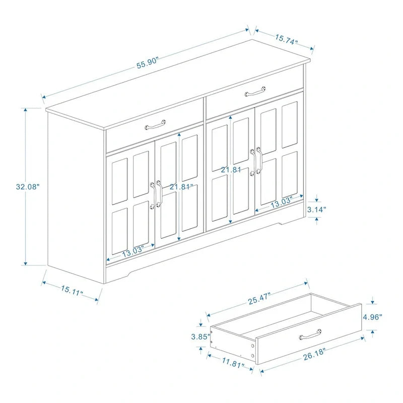 Sideboard, Rustic Farmhouse, Buffet szafka z 2 szuflady i 4 Doors do magazynowy