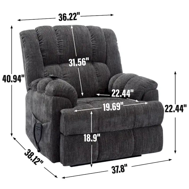 Szary Oversized Chenille moc podnośnik z Massage Recliner, Heating i Flat Lay Feature