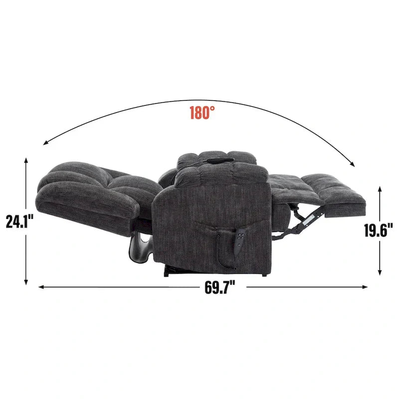 Szary Oversized Chenille moc podnośnik z Massage Recliner, Heating i Flat Lay Feature