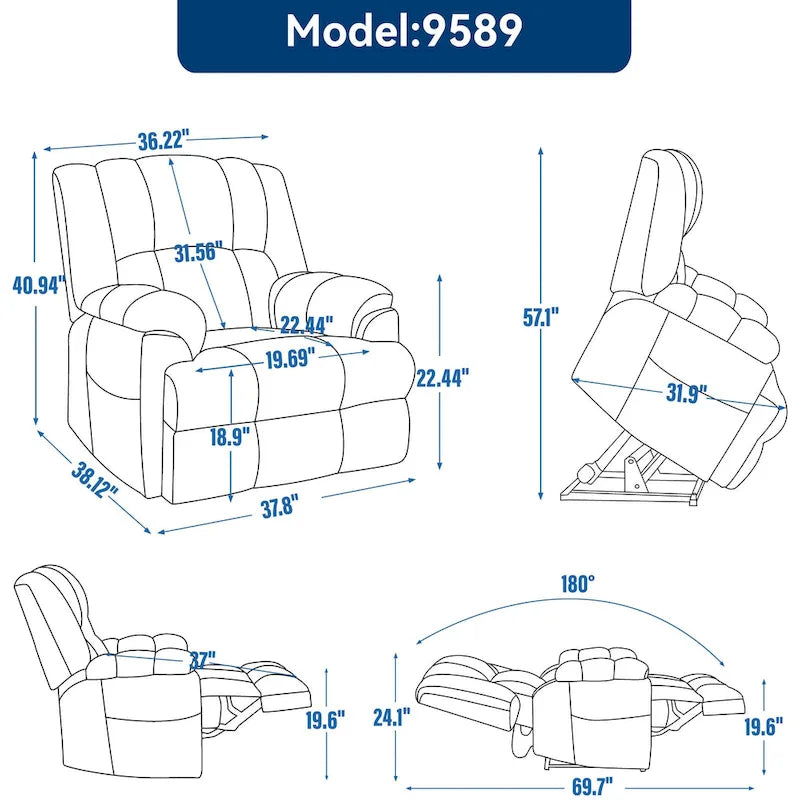 Szary Oversized Chenille moc podnośnik z Massage Recliner, Heating i Flat Lay Feature