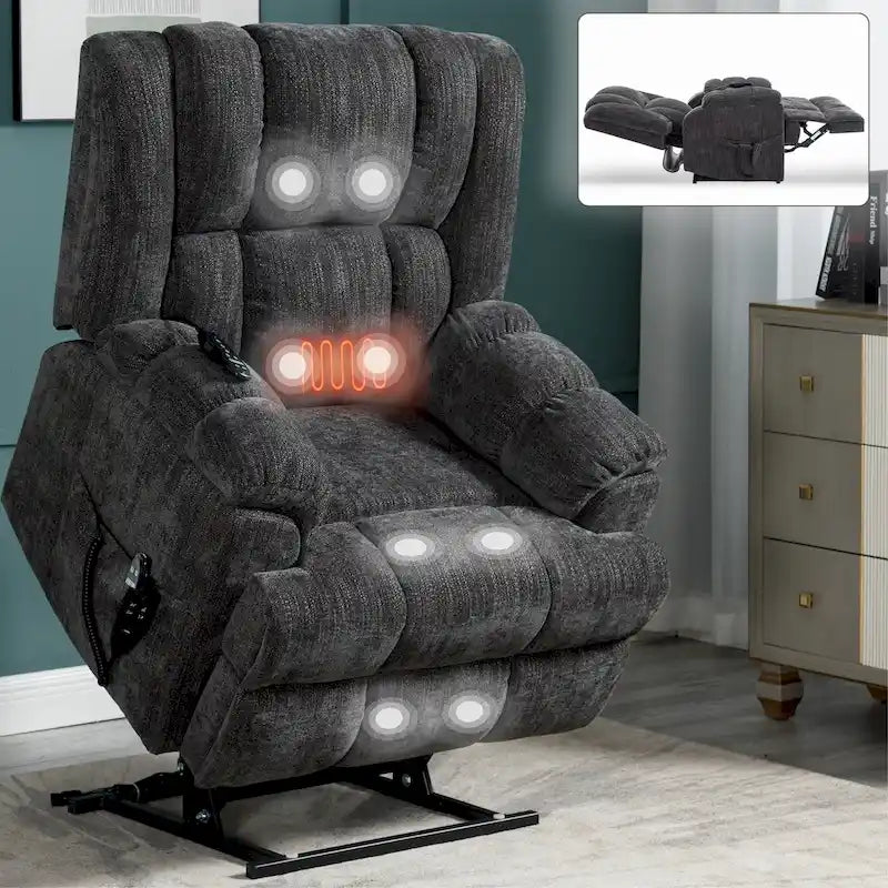 Szary Oversized Chenille moc podnośnik z Massage Recliner, Heating i Flat Lay Feature