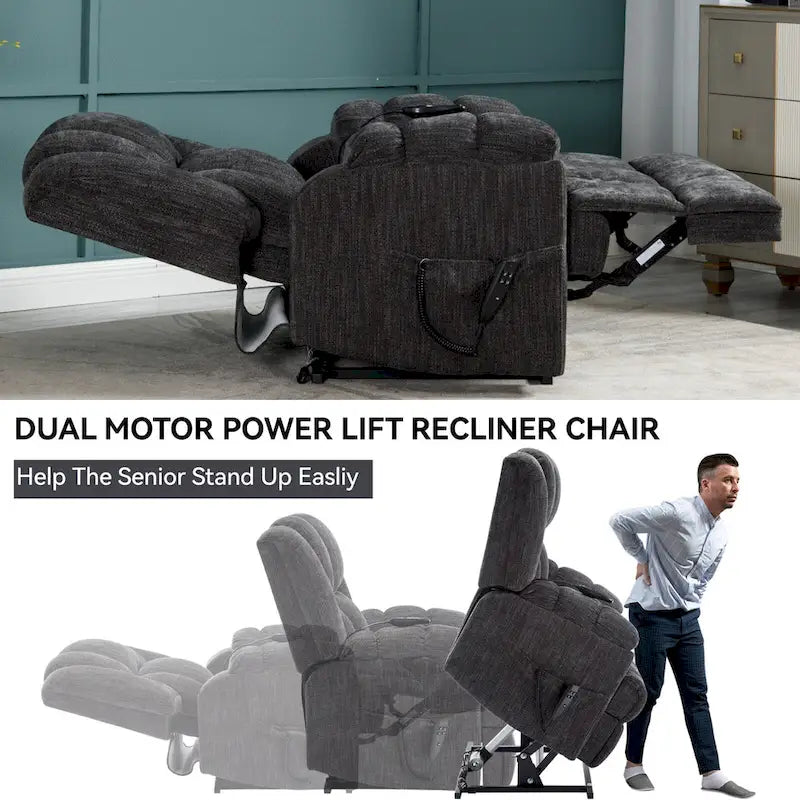 Szary Oversized Chenille moc podnośnik z Massage Recliner, Heating i Flat Lay Feature