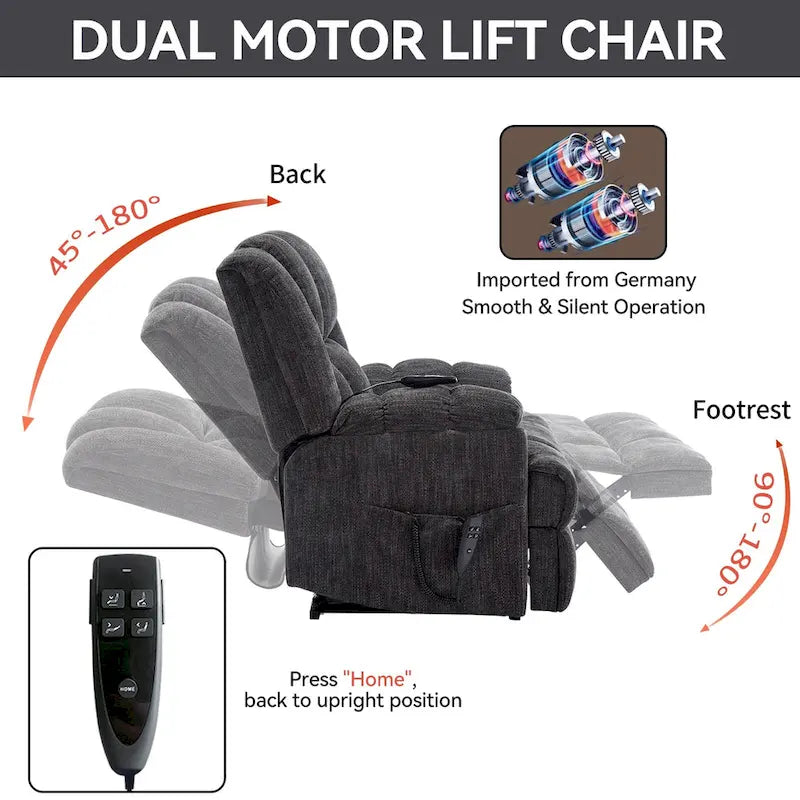 Szary Oversized Chenille moc podnośnik z Massage Recliner, Heating i Flat Lay Feature