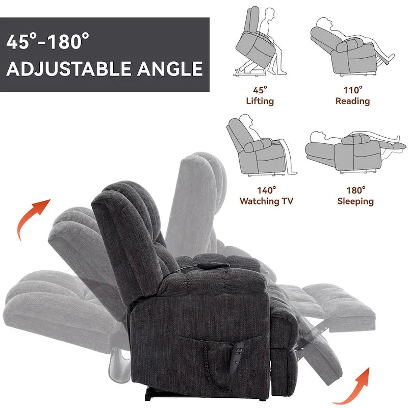 Szary Oversized Chenille moc podnośnik z Massage Recliner, Heating i Flat Lay Feature