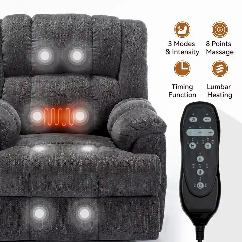 Szary Oversized Chenille moc podnośnik z Massage Recliner, Heating i Flat Lay Feature