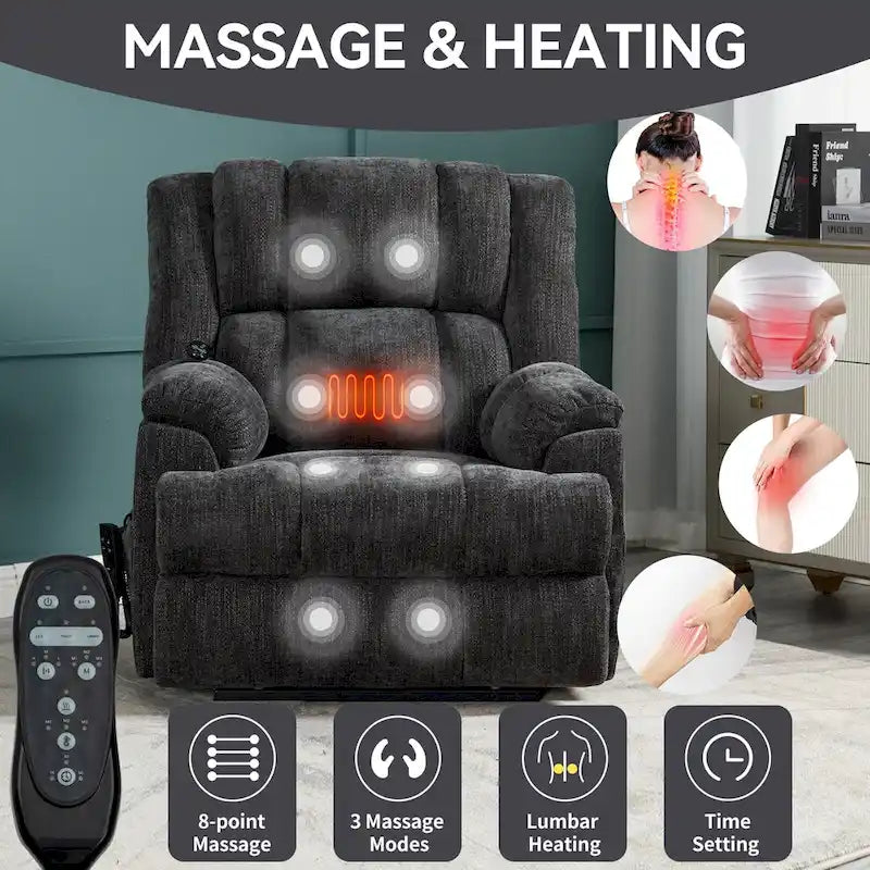 Szary Oversized Chenille moc podnośnik z Massage Recliner, Heating i Flat Lay Feature