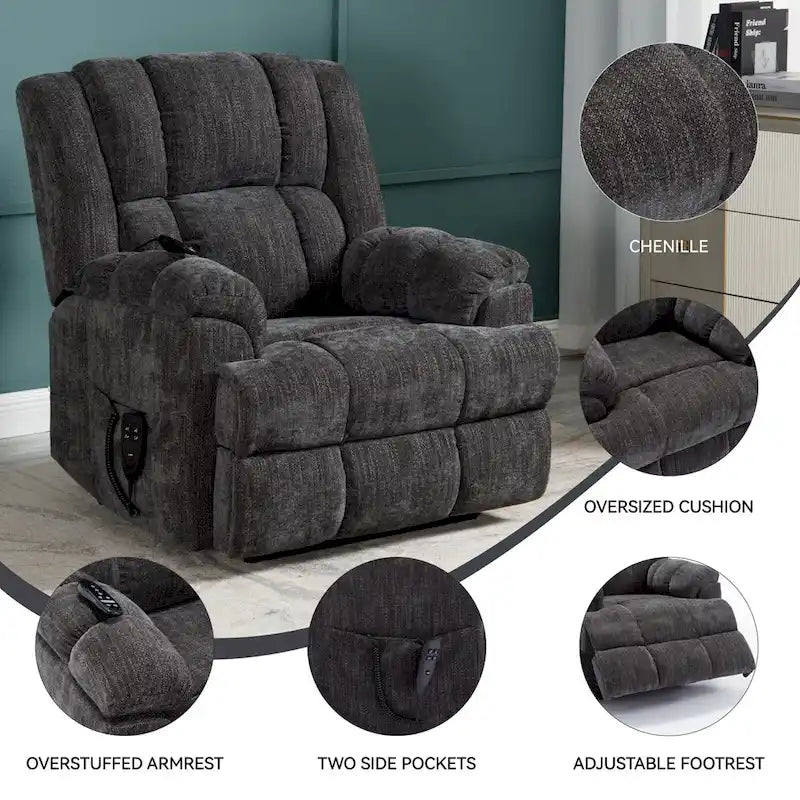 Szary Oversized Chenille moc podnośnik z Massage Recliner, Heating i Flat Lay Feature