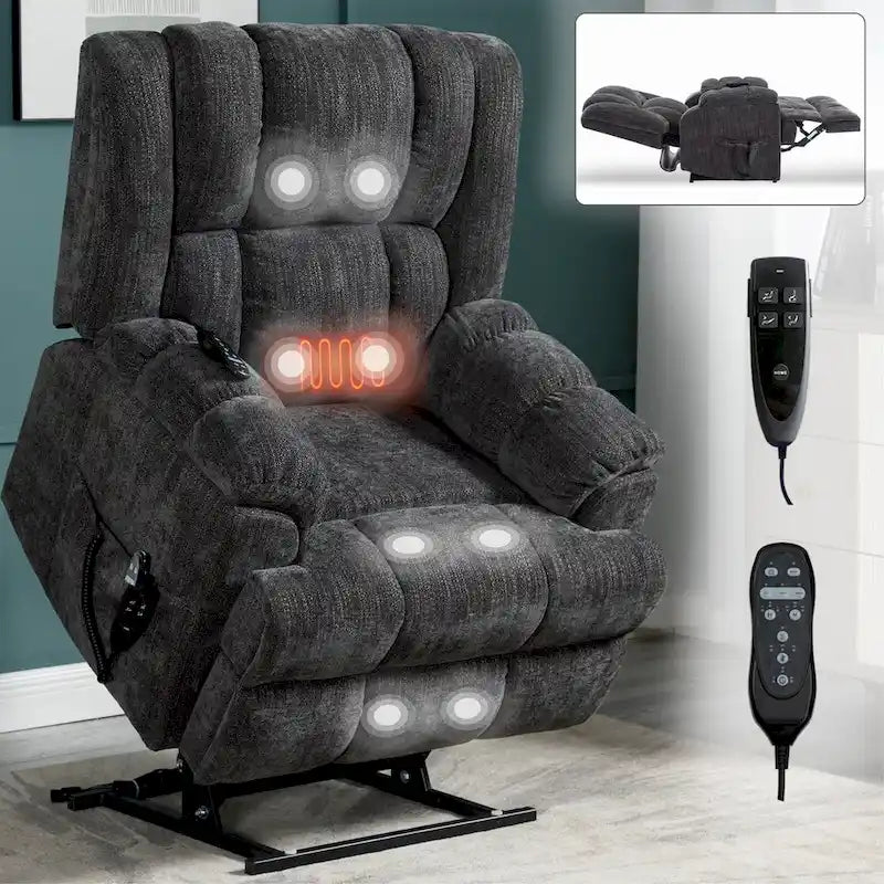 Szary Oversized Chenille moc podnośnik z Massage Recliner, Heating i Flat Lay Feature