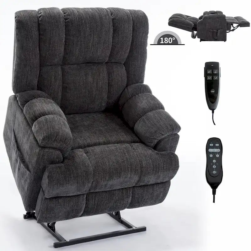 Szary Oversized Chenille moc podnośnik z Massage Recliner, Heating i Flat Lay Feature