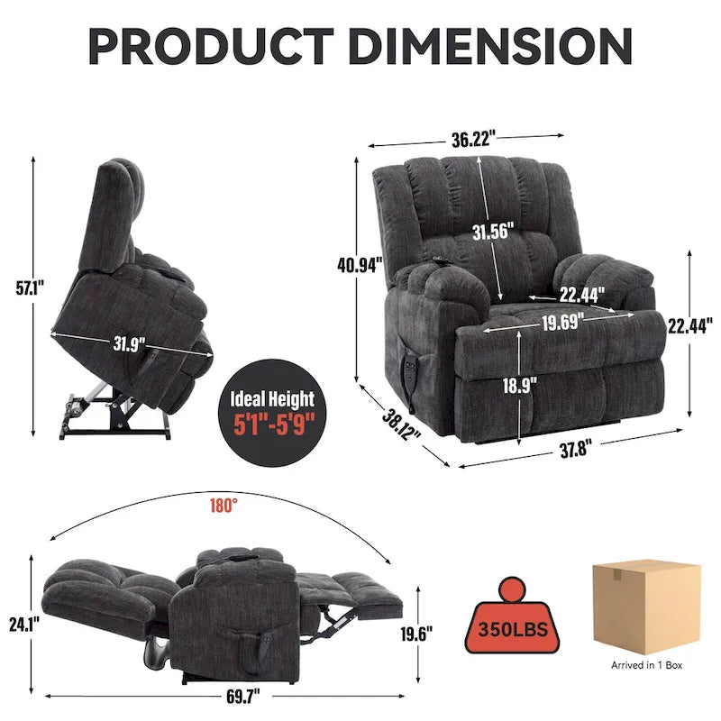 Szary Oversized Chenille moc podnośnik z Massage Recliner, Heating i Flat Lay Feature
